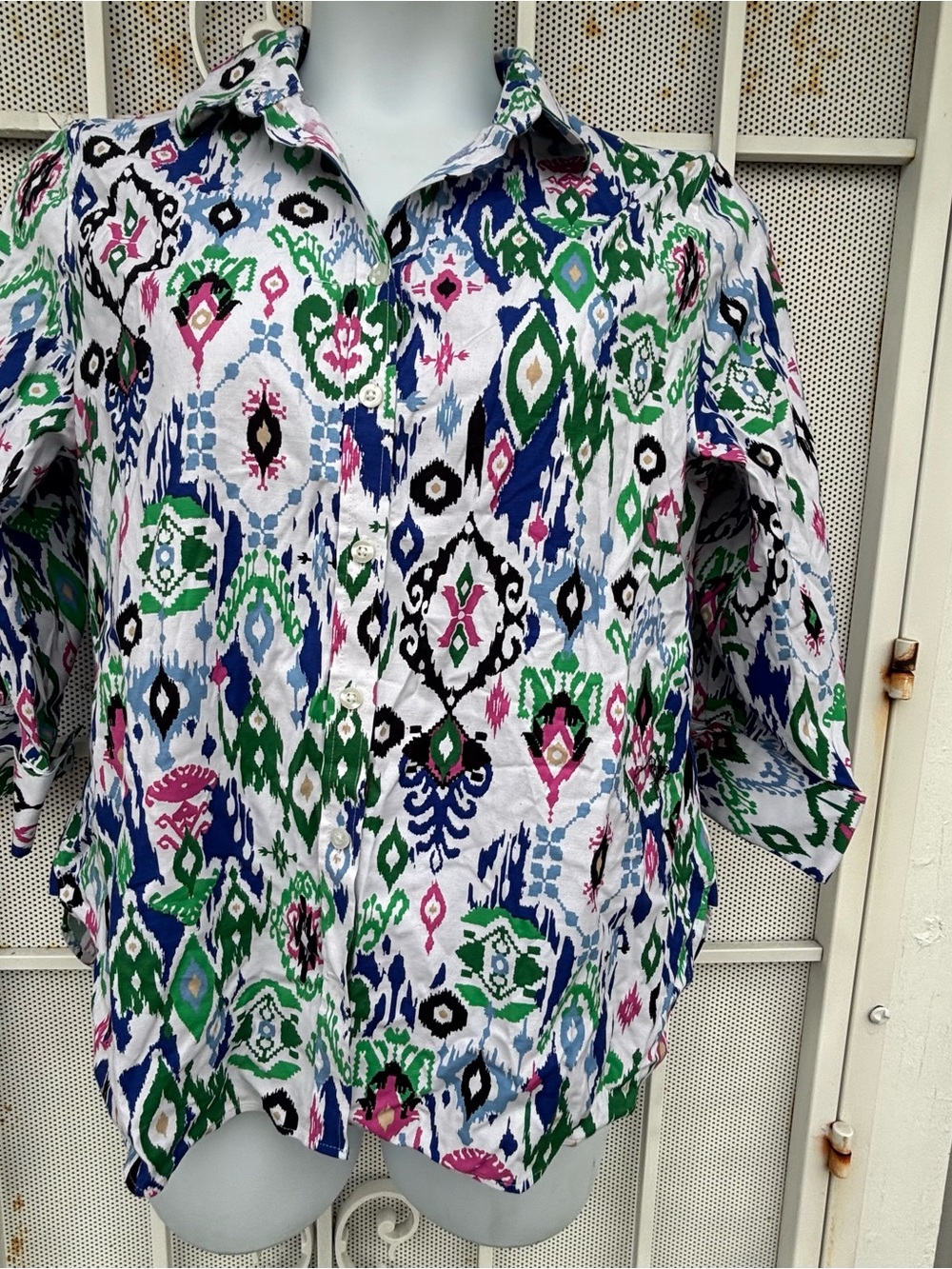 Chico's White Button-Front Shirt with Green, Blue and Pink Ikat Print